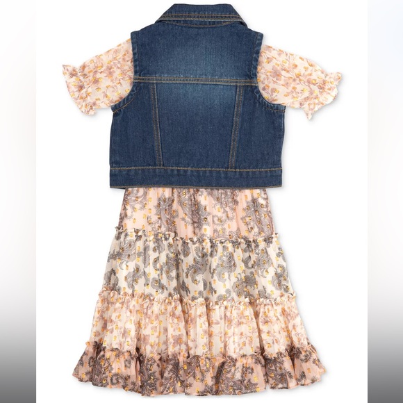Rare Editions Mixed Print Tiered dress with denim vest, size 7 - Picture 3 of 7